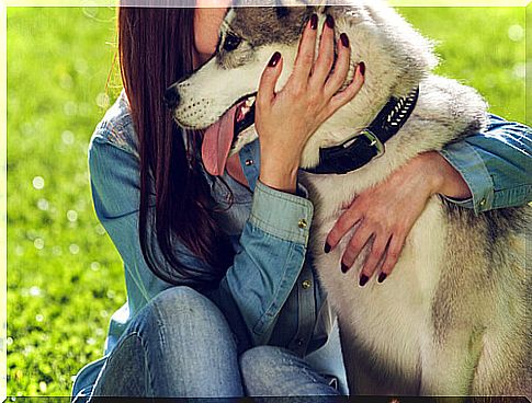 Mulher abraçando cachorro